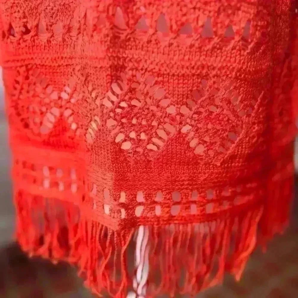 CHICO'S Alana Fringe Pullover Crochet Sweater in Red Orange | Size 1 - Picture 5 of 6